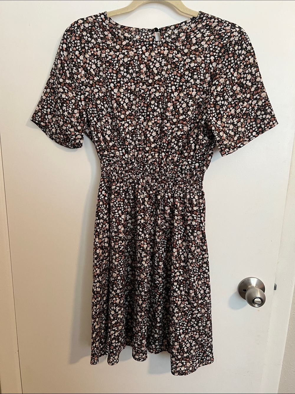 Floral Smocked Waist Short Sleeve Dress - Black Pink